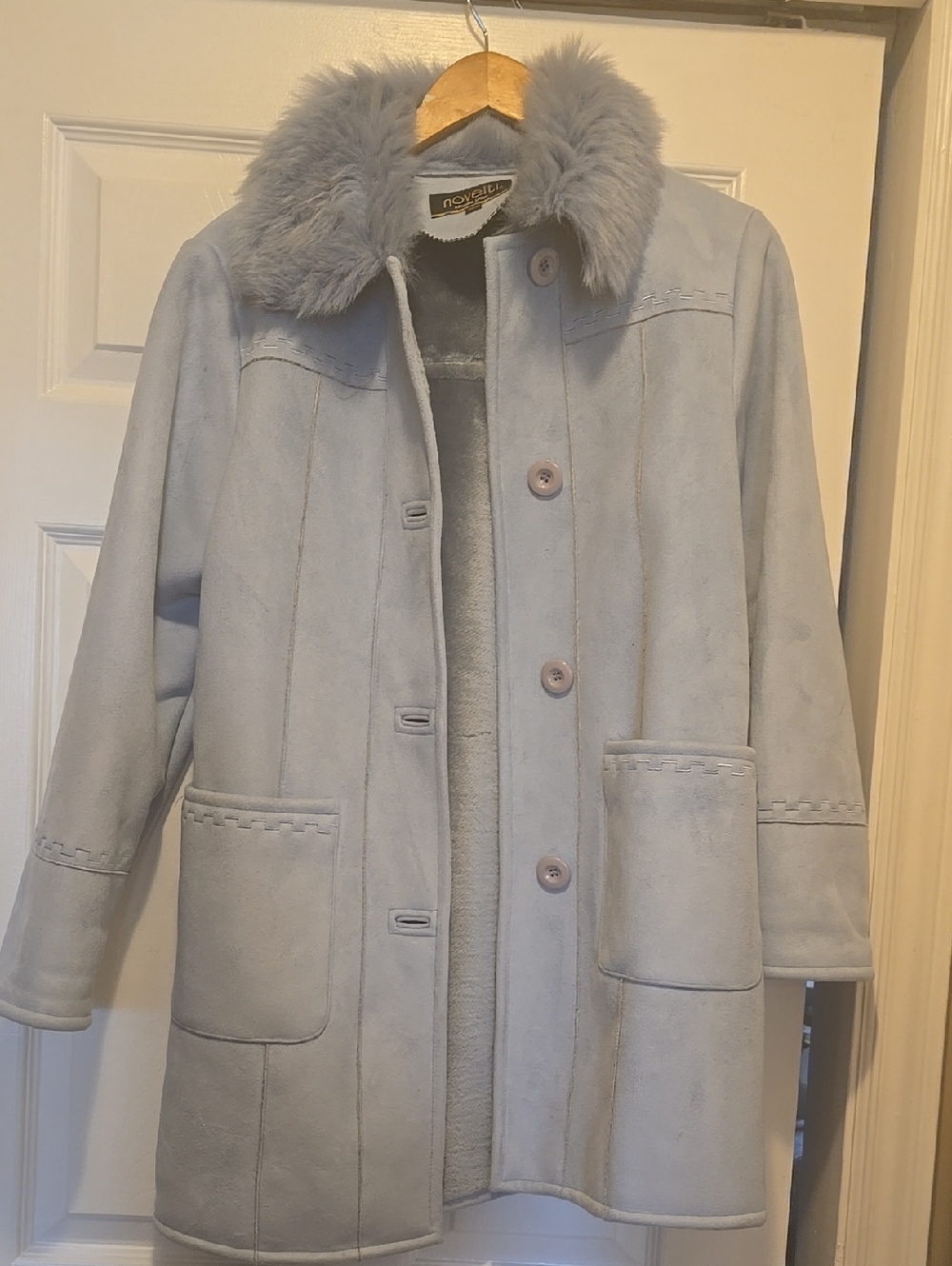 Light Blue Gray Faux Shearling Coat with Plush Collar
